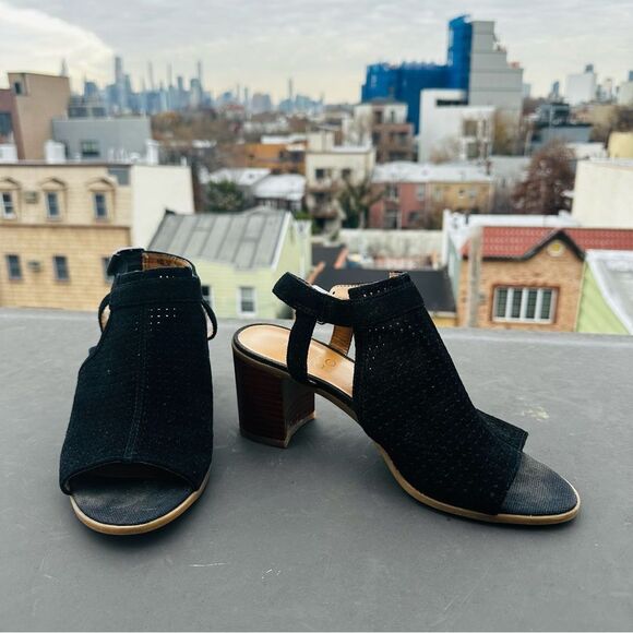 Franco Sarto Black Suede Sandal Size 7 Harlet 2 Block Heel Peep Toe bohemian - Picture 4 of 6